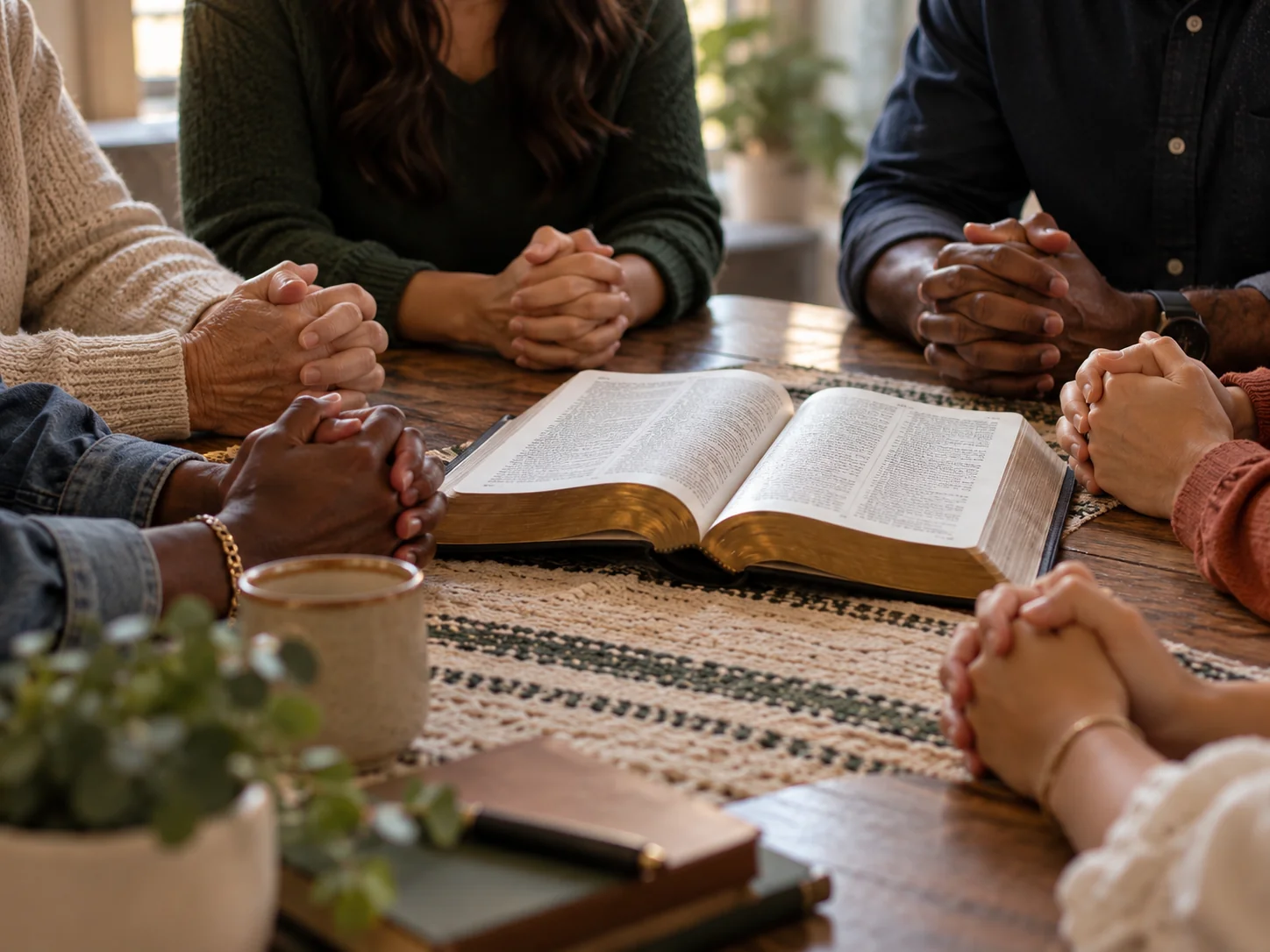 Believers with clasped hands praying around an open Bible on a wooden table