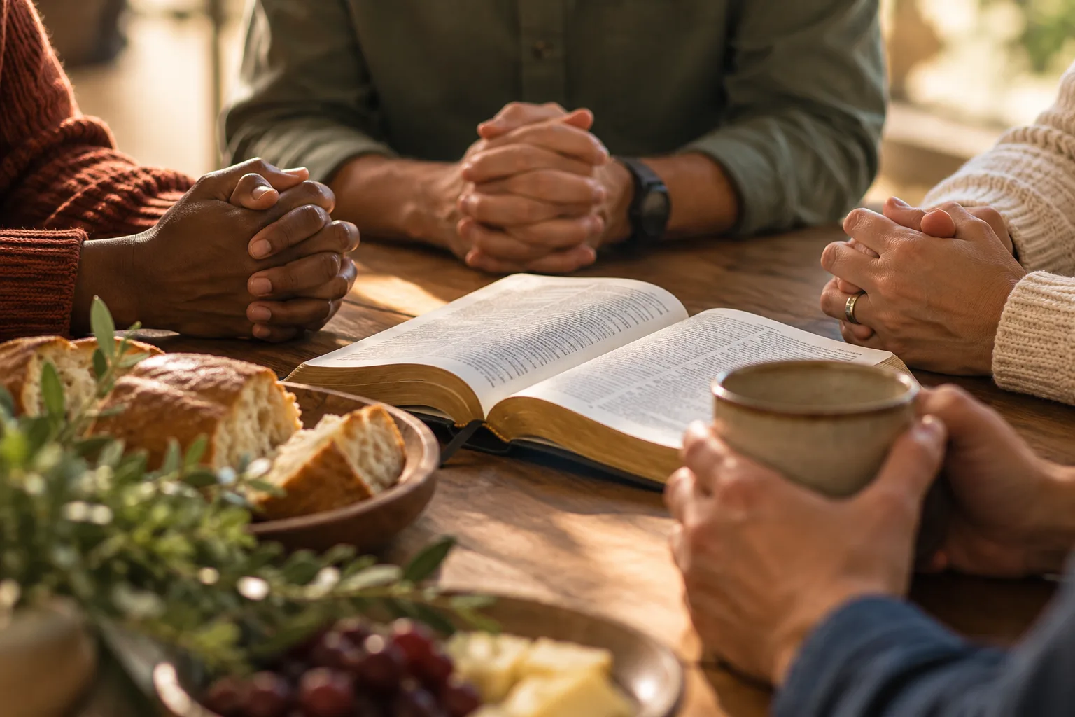 Open Bible on the table as the church family shares bread and coffee together